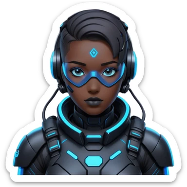 A futuristic cyberpunk soldier, black exosuit, neon blue accents sticker