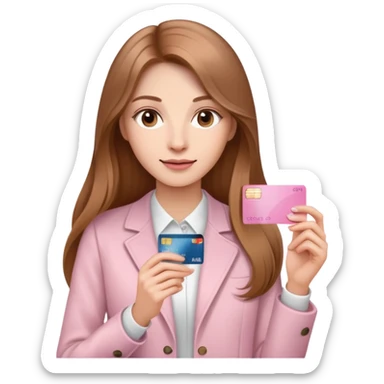 Femme au cheveux long et châtain qui tient une carte bancaire rose clair  sticker