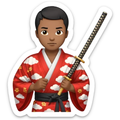 Black short hair man in kimono with cloud print holding katana sticker