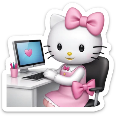 Hello Kitty working at office desk with computer sticker