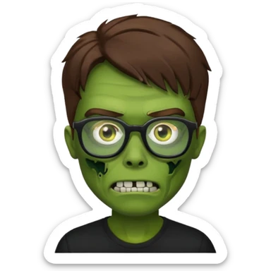 Green zombie, brown hair, black glasses, black shirt. iOS style. sticker