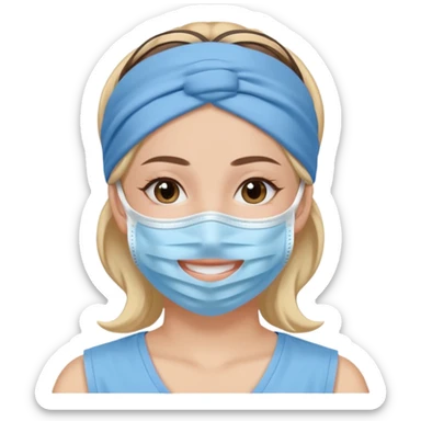 smiling woman with blue face mask, headband, peaceful sticker