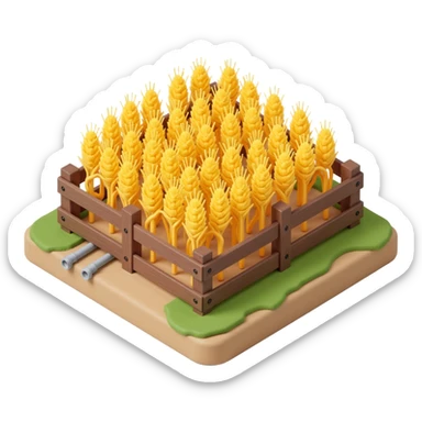 Exterior view of a small cartoon-style farm with a tiny wheat field, a few golden stalks swaying, wooden fence, small irrigation pipes along the soil sticker