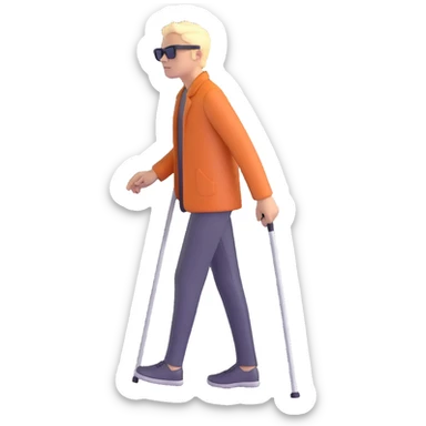 A blind person walking with a white cane, wearing sunglasses, outdoors, daytime. Focus on the cane and posture that indicates visual impairment. sticker