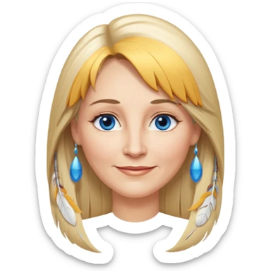 50 yr old white woman, feather bangs, very long straight blond hair, oval face, small smile, blue eyes, thin face, hair downback, hair parted at center of head, round cheeks, pale, longer hair sticker