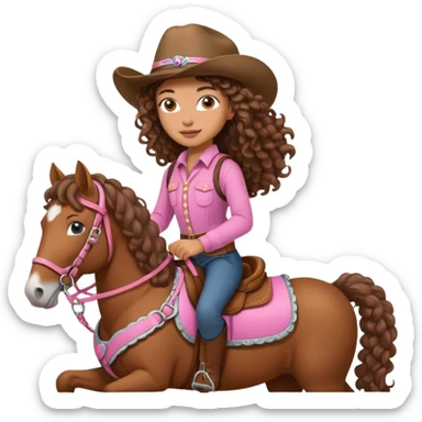Realistic mixed race girl with long curly hair, riding a big draft horse, wearing pink harness and saddle  sticker