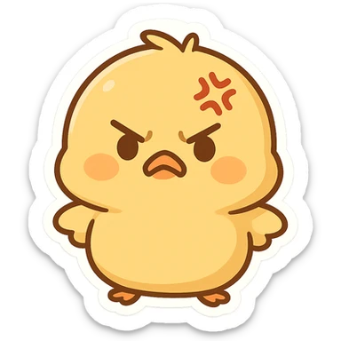 cute angry chibi chick, round body, yellow, anger symbol on head, adorable chibi style sticker