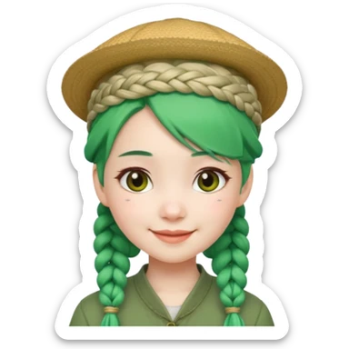 chinese girl green haired with braids an hat sticker
