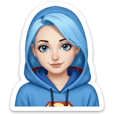 Smiling-30-year-old-adult-long-straight-dark-blue-and-light-blue-hair-blue-eyes-thick-black-eyeliner-really-thick-really-long-eye-lashes-sky-blue-superman-no-ears-hoodie-sweatshirt-nose-piercing-lip-piercing sticker