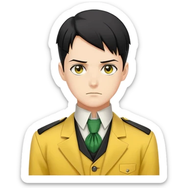 Levi Ackerman with black undercut hair, stern expression, wearing yellow uniform instead of green, with white cravat sticker