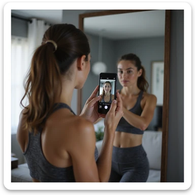 woman in gym clothes, back pose in front of mirror, holding smartphone in front, recording video check for coach, modern home environment, hyperrealistic details, 4K sticker