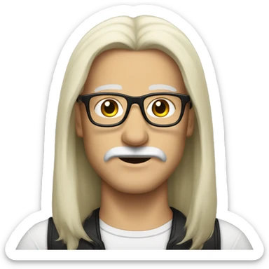 a white-skinned man with long black straight hair, a black mustache and glasses sticker