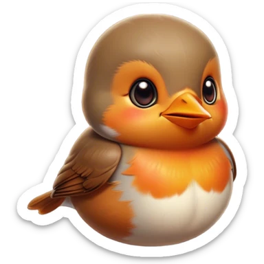 Cinematic Cute Robin Portrait Emoji, Head tilted playfully and inquisitively, featuring a charming, petite form with a vibrant red breast, round, sparkling eyes full of gentle mischief, and a delicate, beak-like smile, Simplified yet irresistibly adorable features, highly detailed, glowing with a warm, inviting glow, high shine, affectionate and lively, stylized with a touch of whimsical woodland charm, soft glowing outline, capturing the essence of a mischievous yet endearing robin that seems as if it could sing out of the screen into your heart! sticker