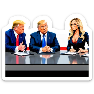 Musk, Bezos, Stormy Daniels, and Trump in a meeting sticker