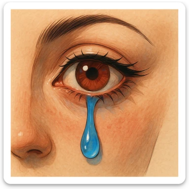 Illustration of a crying female eye with clear contours, shadows, and highlights. The skin around the eye is beige, the iris is brown-red, and the tear is blue-light blue. Preserve expressiveness and detail in the illustration style. sticker