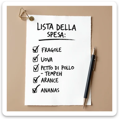 top view of a sheet of paper with a handwritten shopping list in pen: 'LISTA DELLA SPESA: - FRAGOLE - UOVA - PETTO DI POLLO - Tempeh - ARANCE - ANANAS', with check marks on the items already purchased, hyperrealistic 4K, no background sticker
