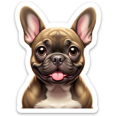 Cinematic Comical Brindle French Bulldog Portrait Emoji, Head tilted dramatically with an exaggeratedly amused expression, featuring a striking brindle coat with bold fawn highlights, wide, expressive dark eyes filled with playful disbelief, Simplified yet hilariously expressive features, highly detailed, glowing with a slightly sassy glow, high shine, dramatic yet playful, stylized with an air of cheeky mischief, bright and endearing, soft glowing outline, capturing the essence of a spirited and over-the-top companion, so meme-worthy it feels like it could side-eye its way into internet fame instantly! sticker