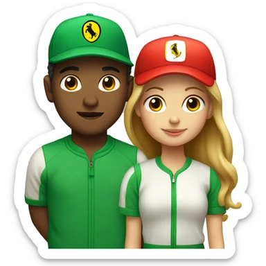 Boy in green baseball cap and girl in Ferrari jumper sticker