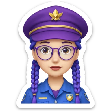 blue uniform wearing scout kid with purple braids and glassess with blue scout hat sticker