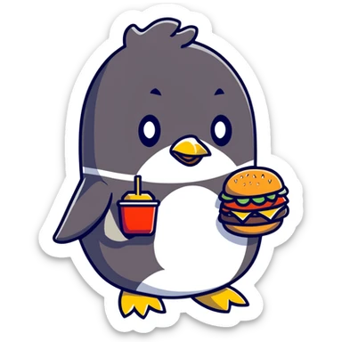 penguin eating a large hamburger sticker