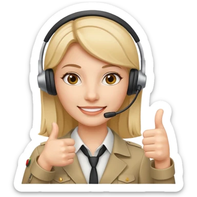 female phone support agent with headset, thumbs up sticker