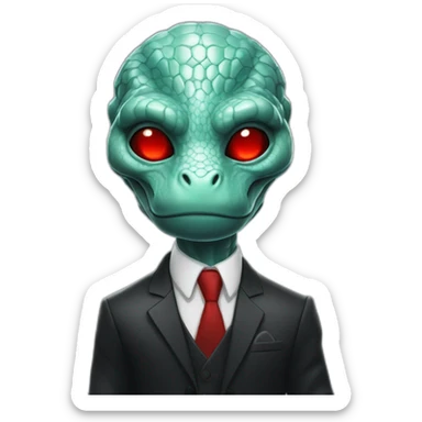 Aquamarine reptilian in classic black suite with red laser eyes on the middle of platinum coin sticker