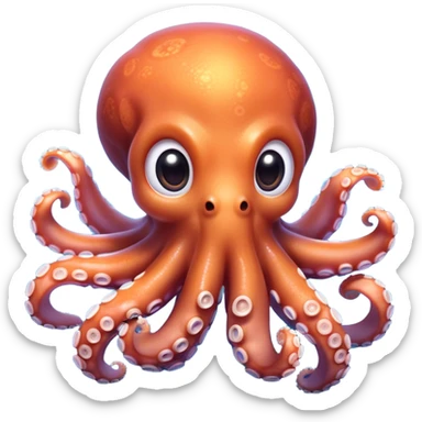 Cinematic Cute Octopus Portrait Emoji, Head tilted playfully and inquisitively, featuring a charming, rounded body with soft, shimmering skin and eight expressive, gently curling arms with playful suckers, with round, sparkling eyes full of wonder, Simplified yet irresistibly adorable features, highly detailed, glowing with a warm, inviting underwater glow, high shine, affectionate and lively, stylized with a touch of whimsical marine charm, soft glowing outline, capturing the essence of a mischievous yet loving octopus that seems as if it could float out of the screen into your arms! sticker