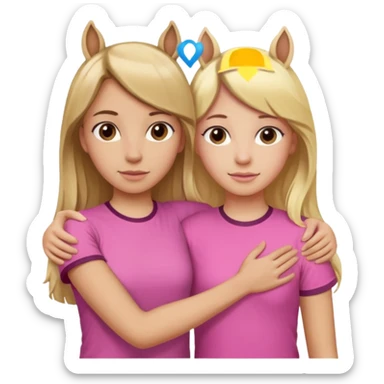 Two Girls with their arms around each other at summer camp one blonde one brown hair brown hair wearing pink horse shirt no horse ears sticker