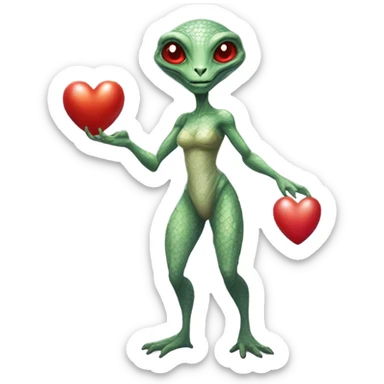 a Reptilian alien woman full body, holding big red heart sticker