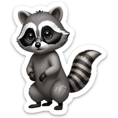 Cinematic-cute Raccoon-Realistic-hunched Full-Body on all fours-Emoji – Tail flicking lazily, head tilted dramatically, thick grey fur with a signature black mask, sharp and alert ears, simplified yet realistic focused features, highly detailed, glowing with an almost sarcastic glow. big black eyes sticker