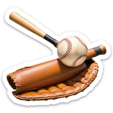A baseball bat, ball, and glove resting on the ground, set against the backdrop of a baseball field. The scene captures the iconic equipment of the sport, with the field in the distance and a bright sky above, evoking the spirit of the game. sticker