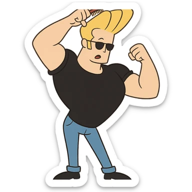 johnny bravo cartoon character, combing his blonde hair, wearing blue jeans and black shoes, cartoon style sticker