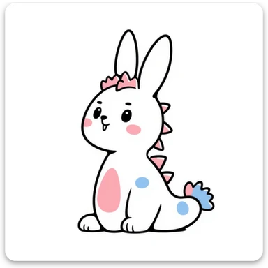 Kawaii bunny plant dragon in Sanrio style, like Hello Kitty and My Melody, tiny spikes, extremely cute, simple clean design, large head, minimal facial features, big round eyes, blushing cheeks, pastel colors with pinks and blues, clean bold outlines, small mouth, adorable expression, rounded shapes sticker