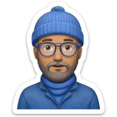 Create a figure that reflects an experienced entrepenurr but who has professional and elegant clothing, blue winter cap, grey glasses, brown eyes and an unkempt beard  sticker