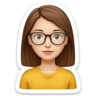 Hawaii female with white skin. Shoulder length straight brown hair. Brown eyes with glasses. Female wearing yellow shirt. sticker