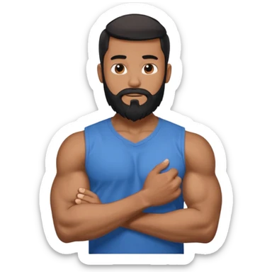 generate an ios genmoji of a 20 year old tan boy with long long long black beard that reaches his chest. Big biceps. wearing a blue shirt that fits his arms sticker