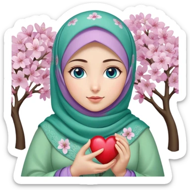 Turkish beautiful finish Konya girl blue eyes with cherry blossom flower lila green design hijab and hold heart in her hand  sticker