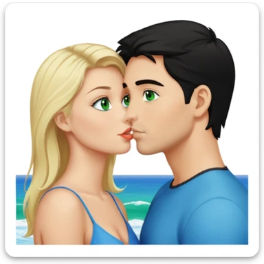 Blonde Woman, green eyes, Red thong, naked breast, Kissing man with blue eyes, black Hair, Background sea  sticker