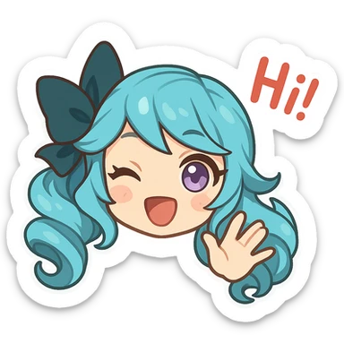Gwen from League of Legends, chibi emote style, only head and hand visible, right eye purple, high-energy 'hi!' expression, cute and expressive sticker