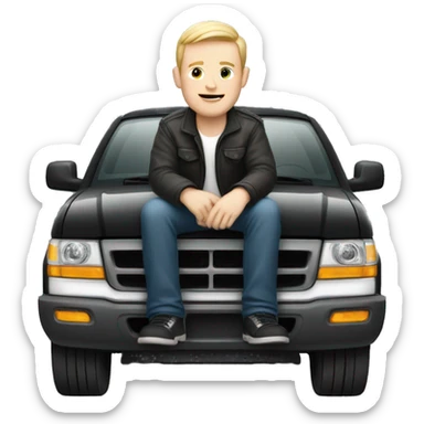 A man with pale skin sitting on top of a black Ford car sticker