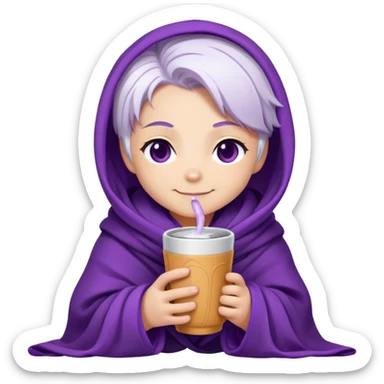 Chibi Sable Ward wrapped in a blanket, holding a warm drink, cozy expression, white hair with purple streaks, fully purple eyes, content smile sticker