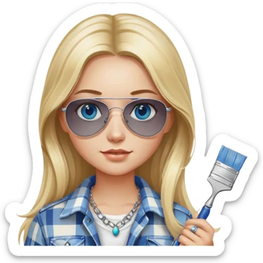 girl with long blond hair, wearing plaid shirt with blue eyes and aviator sunglasses wearing a ring on her silver necklace, holding a paint brush sticker