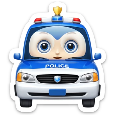A police patrol car with big eyes and a brave, happy expression sticker