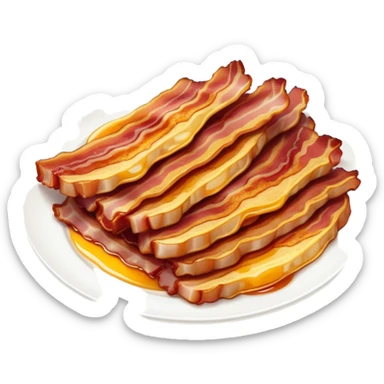 Cinematic crispy sizzling bacon, slightly curled, golden-brown with a perfect crunch, glistening with rich flavor, deep warm tones, served on a breakfast plate, comforting and indulgent. sticker
