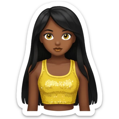 Christie from Barbie & Friends with brown eyes, long black hair, yellow sequin crop top, dark skin sticker