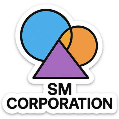 Add a simple, modern icon or symbol next to the text 'SM CORPRATION' to enhance the business brand feel. Keep the look bold and friendly, with no background. sticker