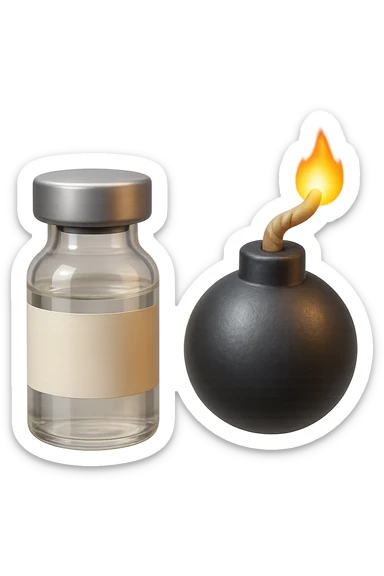 emoji stile iphone 3d di una fiala medica con una bomba vicino, fluttuano in aria insieme, FALLO MOLTO REALISTICO IN 3D sticker