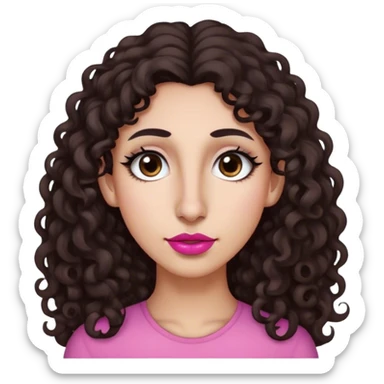 Long dark brown curly hair, long nose, long chin, long face, small dark brown eyes, dark far eyebrows, light medium skin tone, small pink lips sticker