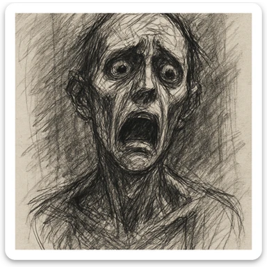 abject fear and misery, dread, black and white sketch, gaunt face, hollow eyes, dramatic shading sticker