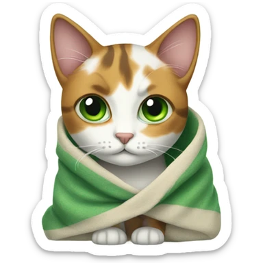 Calico cat with green eyes wrapped in a blanket sticker
